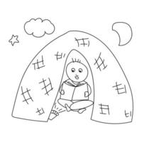 Child reading paper book under blanket at night, outline drawing in doodle style vector