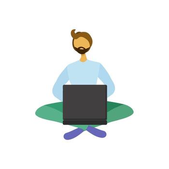 Man with a beard with a laptop sitting, working or studying online vector