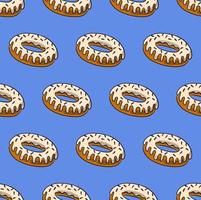 LIGHT BLUE SEAMLESS VECTOR BACKGROUND WITH DELICIOUS DONUTS WITH WHITE FUDGE