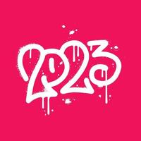 Sprayed 2023 tag ruban graffiti number with overspray in white over magenta. Vector textured hand drawn illustration.