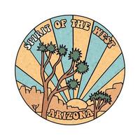 Joshua tree round badge design for apparel and others. Spirit of the West, Arizona textured print design. Linear vector hand drawn illustration.