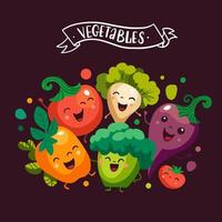 Banner template with Cartoon vegetables characters. Vegan Friends forever. Comic mascots group. You can use in the menu, in the shop, in the bar, the card or stickers. Vector flat illustration.