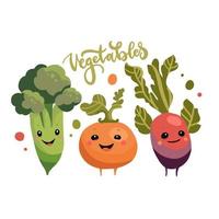 Cute vegetable cartoon characters isolated on white background. Funny celery, turnip, beetroot with lettering word Vegetables. Happy smile face, comical food emoji. Vector flat hand drawn illustration