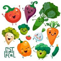 Cute Cartoon vegetable characters set. Kawaii faces of roots, carrot, broccoli, tomato, pepper for kids Vector vegie food illustration collection. Childish vegan characters