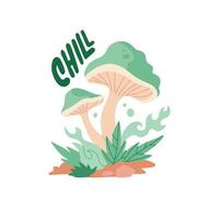 Chill - lettering slogan with psychedelic mushrooms, grass and other smoke elements. 70's Groovy Themed in flat Hand Drawn style. Hippie illustration for tee, t-shirt vector