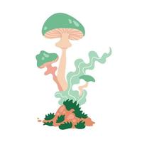 Pastel green magic mushrooms with fume isolated on a white background. Psychedelic fungus print . Flat hand drawn vector illustration.