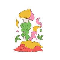 King Creepy mushrooms with green leaves. Groovy retro hand draw vector illustration.