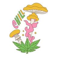 Hand drawn illustration of retro mushrooms bunch, cannabis leaf with typography lettering text - Chill. Groovy retro hand draw vector illustration.
