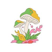 Trippy mushrooms in the retro style of the 70s. Psychedelic abstract fungus, hippie vibe isolated concept. Vector linear illustration isolated on a white background.