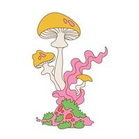 Psychedelic Mushroom and smoking weed. Hippie acid lcd journey concept. The cartoon fungus is so high. Linear hand drawn vector