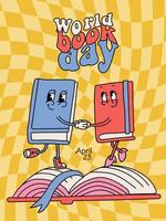 Groovy retro cartoon book characters holding hands with text Worls book day. Vertical Banner or card template. Vintage contour flat vector illustration. International literacy day.