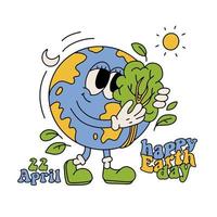 Retro groovy cartoon earth globe holding and hugging green tree. 22 April Happy Earth day concept. Environment friendly vector illustration. Simple vintage nostalgia character for poster, banner.