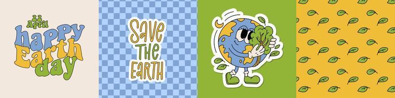 Set of happy earth day posters in trendy retro cartoon style, groovy 70s banner collection with lettreing, text, planet mascot. Vector contour hand drawn illustration