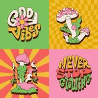 Set of groovy posters with lettering quotes and trippy mushrooms. Retro postcards in 70s Hippie retro style. Trendy contour illustrations. Vector eps10. Good vibes, Never stop growing