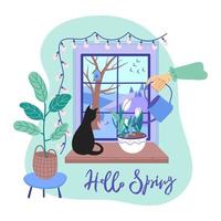 Cozy home interior with houseplants.  Spring window with view,  cat sitting on the sill. Flat style hand drawn vector illustration.