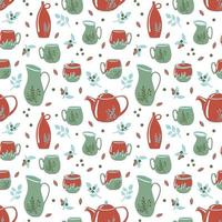 Ceramic kitchenware seamless pattern. Hand drawn tableware with decoration around isolated on white background. Vector illustration for pottery workshops, ceramic studio, home decor concept.
