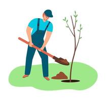 Agriculture and gardering concept. a man plants a tree. Spring work in the garden. vector