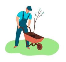 Agriculture and gardering concept. A man plants a tree. Spring work in the garden. vector