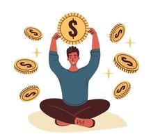 Concept of saving money and accumulation. The guy holds a coin in his hand. vector
