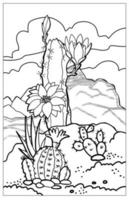 Blooming cactus in the desert. Arizona landscape. Coloring book antistress for children and adults. vector