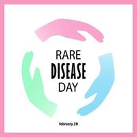 Rare disease day simple vector background. Colorfull ribbon and hands with lettering Rare disease.
