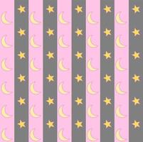 Sweet and beautiful vector design. Yellow moons and stars on pink and grey backgrounds. Seamless pattern. Vertical stripes arranged.