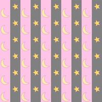 Sweet and beautiful vector design. Yellow moons and stars on pink and grey backgrounds. Seamless pattern. Vertical stripes arranged.