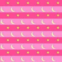 Sweet and beautiful vector design. Yellow moons and stars on pink tone background. Seamless pattern. Horizontal stripes arranged.