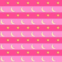 Sweet and beautiful vector design. Yellow moons and stars on pink tone background. Seamless pattern. Horizontal stripes arranged.