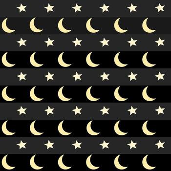 Moons and stars in yellow on black background. Seamless pattern. Horizontal arranged vector