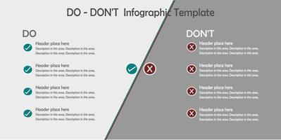 infografía, lista de hacer vs no lo hagas en gris tono antecedentes. comprobado y cruzar símbolo. verde vs rojo signo. vector