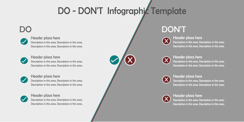 Infographic, List of Do vs Don't on grey tone background. Checked and cross symbol. Green vs red sign.