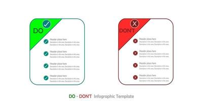 Infographic, List of Do vs Don't on white background. Checked and cross symbol. Green vs red sign. vector