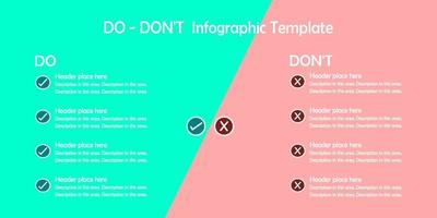 Infographic, List of Do vs Don't on white background. Checked and cross symbol. Green vs red sign. vector