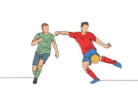 uno continuo línea dibujo de joven energético huelguista pateando el pelota pero el defensor tratar a bloquear el disparo. fútbol partido Deportes concepto. soltero línea dibujar diseño vector ilustración