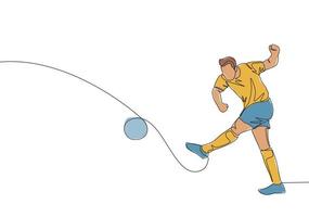 Single continuous line drawing of young passion football player shooting the ball really hard to the opponent's goal. Soccer match sports concept. One line draw design vector illustration