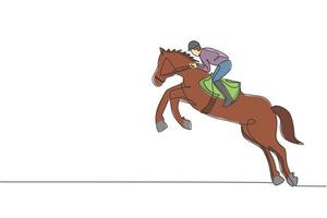 One continuous line drawing of young horse rider man in action. Train equine to jump at racing track. Equestrian sport competition concept. Dynamic single line draw design graphic vector illustration