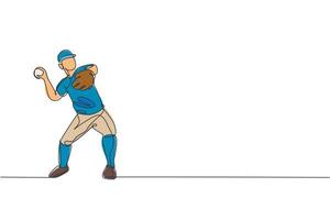 dibujo de una sola línea continua joven jugador de béisbol ágil práctica para lanzar la pelota. concepto de ejercicio deportivo. ilustración de vector gráfico de diseño de dibujo de una línea de moda para los medios de promoción de béisbol