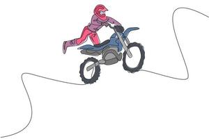 un dibujo de una sola línea de un joven piloto de motocross volando estilo libre en la ilustración gráfica vectorial de la pista de carreras. concepto de deporte extremo. diseño moderno de dibujo de línea continua para banner de evento de carrera de motocross vector