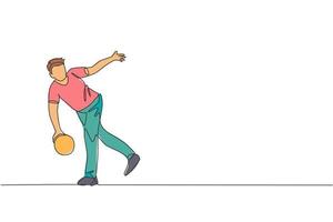 One continuous line drawing of young happy bowling player man throw ball into lane to hit the pin. Healthy sport and lifestyle activity concept. Dynamic single line draw design vector illustration