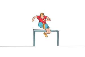 One continuous line drawing of young sporty man runner jumping obstacle at running track. Health activity sport concept. Dynamic single line draw design vector illustration for running event poster