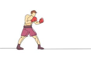 Single continuous line drawing of young agile man boxer stance confidence at sport gym. Fair combative sport concept. Trendy one line draw design vector illustration for boxing game promotion media