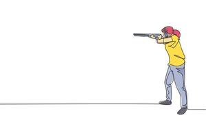 One single line drawing young woman practicing to shot target in range on shooting training ground graphic vector illustration. Clay pigeon shooting sport concept. Modern continuous line draw design