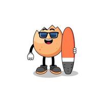 Mascot cartoon of cracked egg as a surfer vector