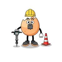 Character cartoon of cracked egg working on road construction vector