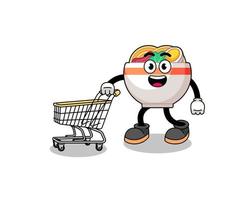 Cartoon of noodle bowl holding a shopping trolley vector