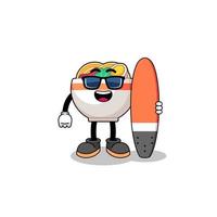 Mascot cartoon of noodle bowl as a surfer vector