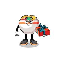 noodle bowl mascot illustration giving a gift vector