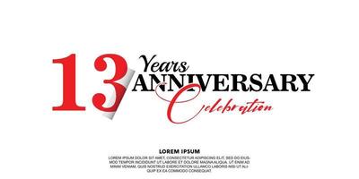 13 year anniversary celebration logo vector design with red and black color on white background abstract