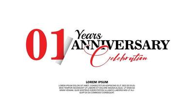 01 year anniversary celebration logo vector design with red and black color on white background abstract